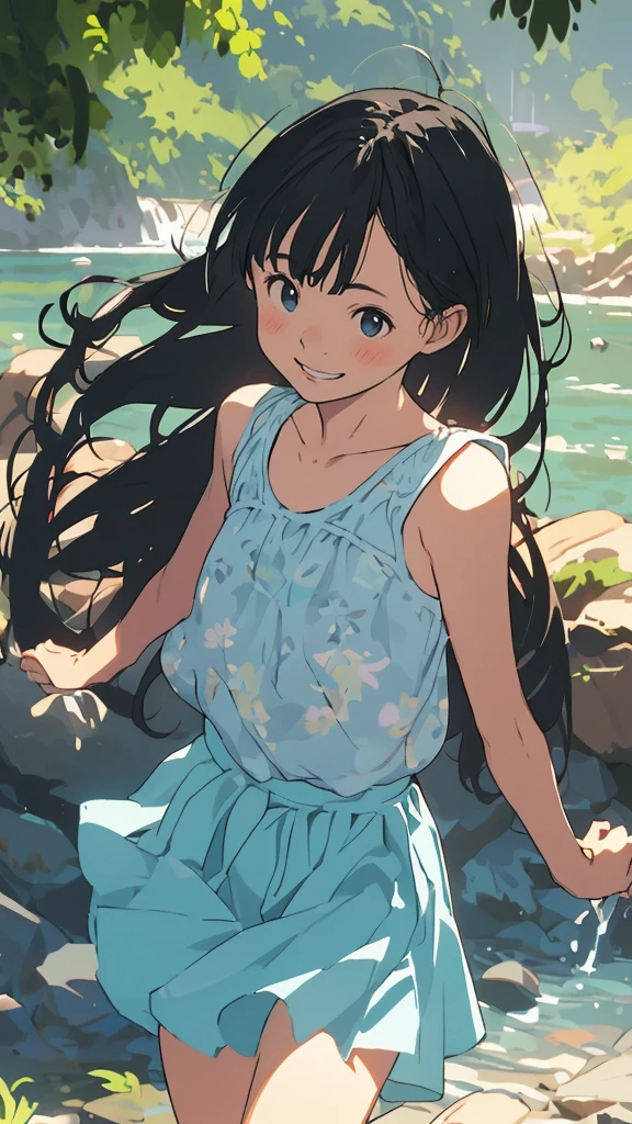 reasonable design, Clear lines, High Sharpness, (highest quality,8K,Perfect sharpness,Ultra fine,High resolution,masterpiece:1.2), Perfect Anatomy:1.5, Official Art, Illustrations that tell a story, (Whitish background:0. 9)、Body Positivity、More Mr.Physical expression、(Random and mischievous poses)、Perfect beauty、Perfect beautiful face、Strong winds、A rich expression、Dynamic composition、smile、Golden ratio composition、colorful、(Mr.Different angles and perspectives)、anime art、mini skirt、(Overcoming stereotypes)、 Glowing Skin、(Natural beauty)、smile、bangs、Straight Hair、(Soft and flowing hair)、(Rural Scenery)、(Nostalgic atmosphere)、Insert up to the thighs、(Playful and carefree)、(More Mr.Ethnic characters)、(innocent attitude)、(Sunny atmosphere)、Skirt flipped up、(Bright colors)、Belly button exposed、Beautiful Eyes、A skirt fluttering in the wind、Put it in to your feet、Some composition patterns、sensuous、Geometric pattern、emotional、Symposium cover、