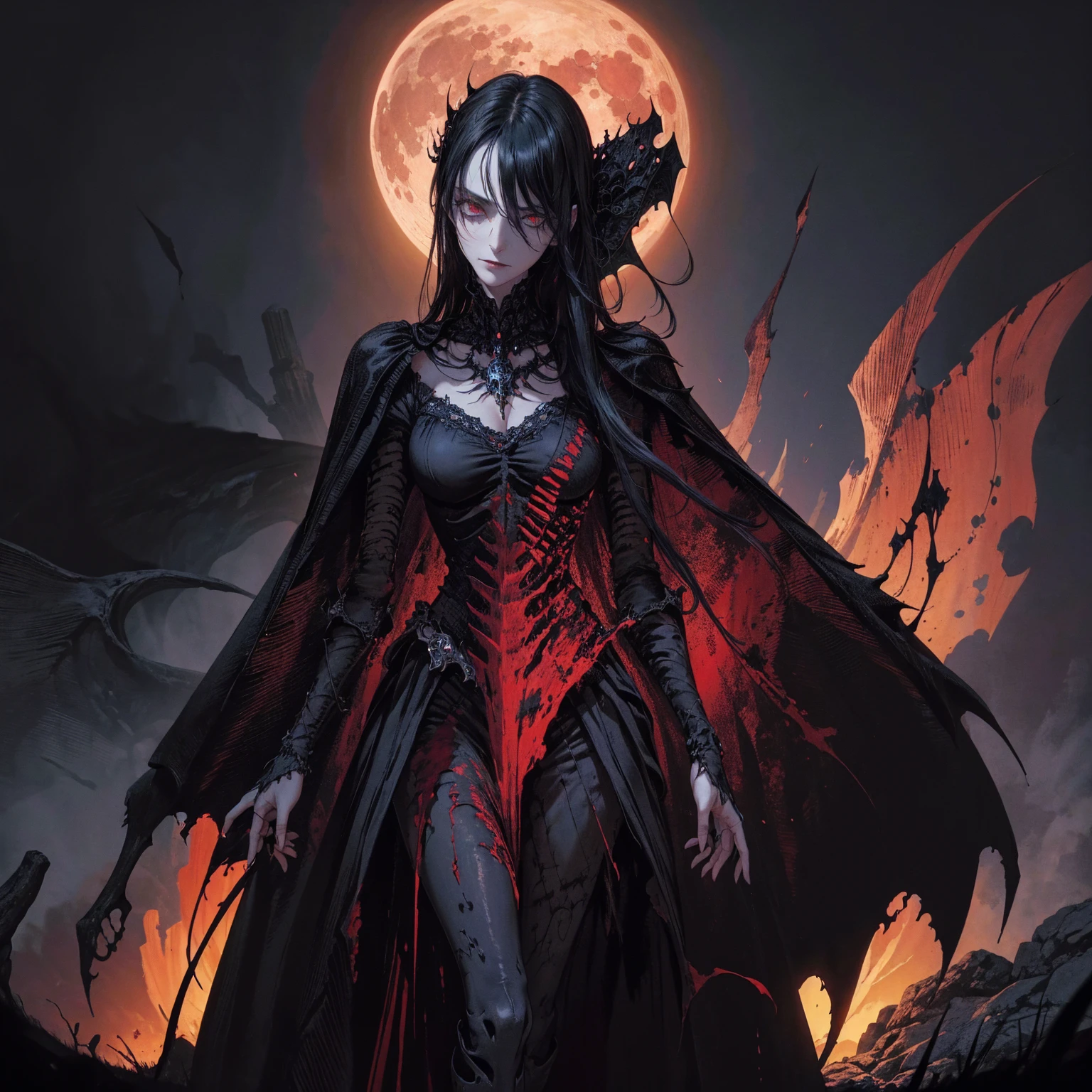 best quality, 4K, high resolution, masterpiece:1.2, Very detailed, actual:1.37, Mood lighting, Female undead half-skeleton lich in a long cape, Half skull face, Hand and arm has no flesh but only skeleton bones, Wearing a ragged gothic skirt, Aloofness emotion, Dangerous sneer, Beautiful but cruel smile, Black Hair, Standing, Facing the camera, Crucified, Pitch black sky, Blood-red moon, strange atmosphere, Gothic style, Unforgettable beauty, Dramatic shadows, Ethereal Light, Mysterious atmosphere.
