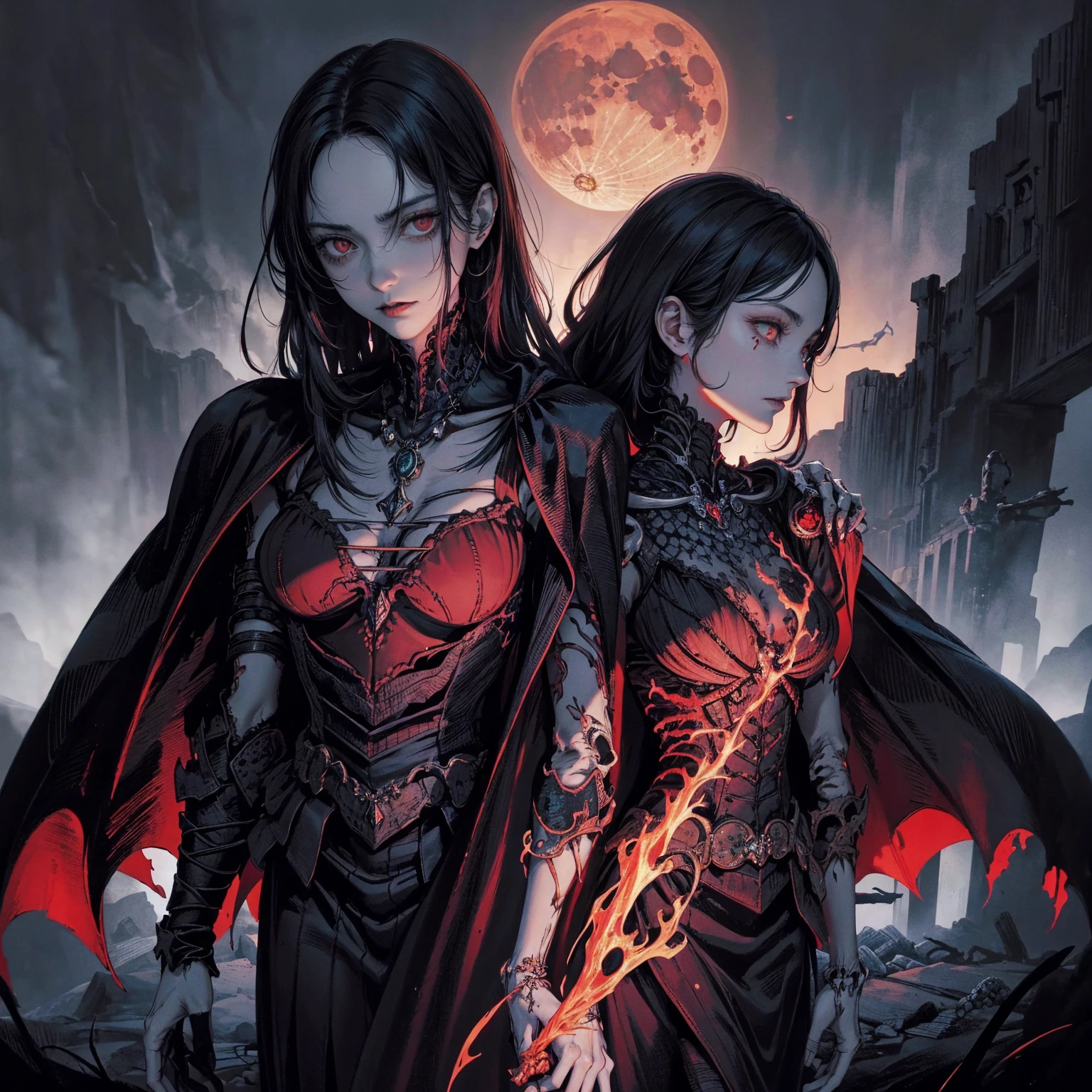 best quality, 4K, high resolution, masterpiece:1.2, Very detailed, actual:1.37, Mood lighting, Female undead half-skeleton lich in a long cape, Half skull face, Hand and arm has no flesh but only skeleton bones, Wearing a ragged gothic skirt, Aloofness emotion, Dangerous sneer, Beautiful but cruel smile, Black Hair, Standing, Facing the camera, Crucified, Pitch black sky, Blood-red moon, strange atmosphere, Gothic style, Unforgettable beauty, Dramatic shadows, Ethereal Light, Mysterious atmosphere.