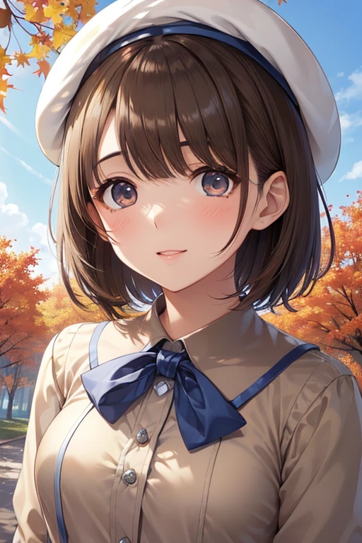 anegasaki nene、Shiny brown hair, short hair, Very detailedな顔, ,


Highest quality, Great quality, 16K, Unbelievably absurd, Very detailed, 2.5D, delicate and dynamic, 
Absurd, Ultra-detailed,Bright colors, Very beautiful and detailed anime faces and eyes, Age 25,(Autumn blue sky:1.4)、In a row of ginkgo trees ,It is dotted with maples,Asymmetrical bangs, Shiny Hair, Delicate and beautiful face, blush、, White skin, Barrette,  (beret、Brown shirt:1.4)、Smile、Slender body、(Light of the sun)、