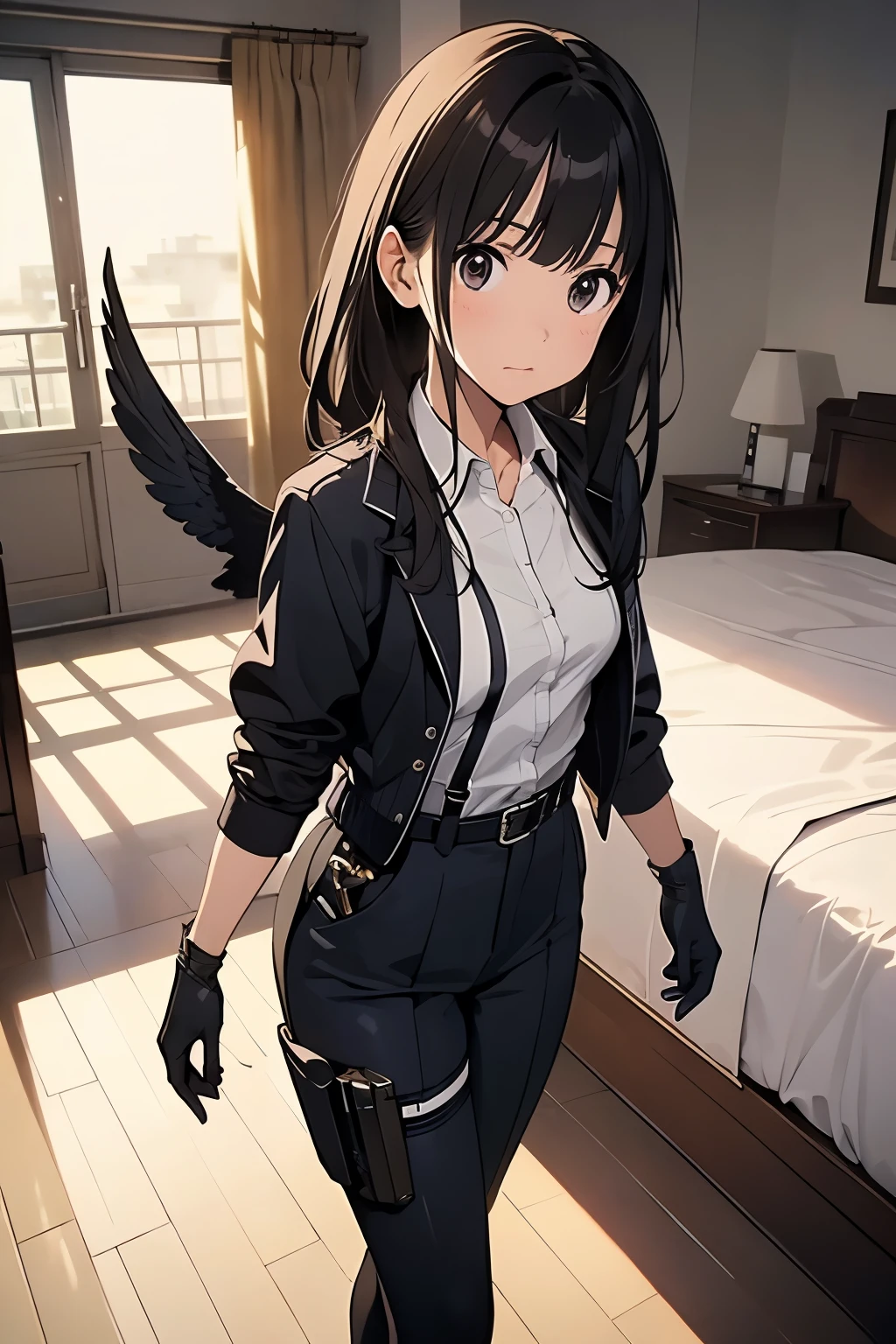 1 female, , high quality, masterpiece, Ultra-high resolution, , Cinema Lighting, , , And the suspenders with the cranes flying　　　Moderate breasts　 　 　　　　Small face　 　　　holster　　　　　　　 Lying in bed　Looking up　　　　Sweat 　　　belt　summer　脇Sweat 　Black Hole Gloves　suit　shirt　　Black jacket　 Black trousers　Leg Links　ズボンにbelt　　holster　 　　Hands behind your back　 Anxious expression　Looking up　Anxious face, legs apart