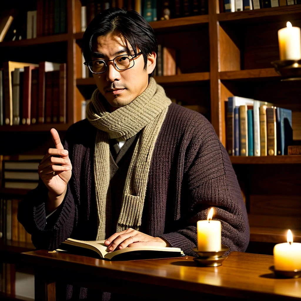 solo, A realistic profile photo of a Japanese man who specializes in fortune-telling. He has a calm and wise demeanor, with medium-length, straight hair, and is clean-shaven. He wears glasses and is dressed in casual but elegant clothing, such as a sweater and a scarf. In the background, there are elements that hint at his profession, like mystical symbols, tarot cards, and a dimly lit, cozy setting with candles and bookshelves filled with ancient books.