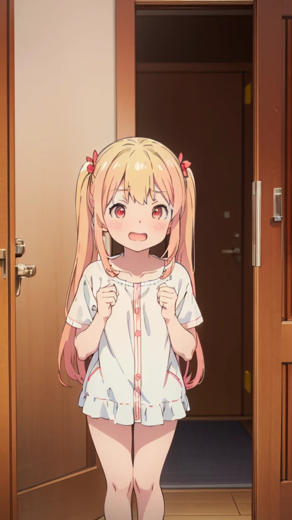 ((masterpiece))((Highest quality))girl、Laughing with your mouth open、blush、Flat Chest、Are thin、Blonde Hair、blush、Are standing、Whole body image、Eye level on face、、No background、Hair is two colors、Twin tails、Red Eyes、Two-tone red and yellow hair、Put your hands up、Completely naked