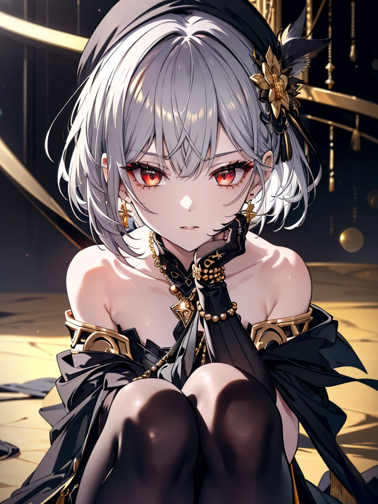 8k,High resolution RAW color art,Anime Art,Silver Marble Skin, (((Very detailed and cool))), Detailed skin, Bokeh、texture,(Exquisitely crafted, The finer details, Ultra-detailed art), (((1 girl))), Depth of written boundary, Silky Touch, Hyper Detail, (((Cool face))), eye shadow、woman, Beautiful detailed red eyes, Beautiful lip detail, Highly detailed face, Delicate depiction of hair and eyes, Detailed Fashion, Golden earrings,(((Knee))), Black half top、(((Shoulder Bare)))、Black shorts、Waist Cloak、black tights、Golden decoration, Grey Hair, Golden bracelet, Straight Hair、Short Hair、(((Hair)))、Ruined City、Thighs