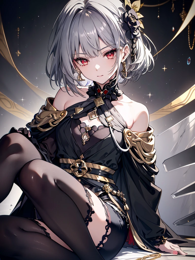8k,High resolution RAW color art,Anime Art,Silver Marble Skin, (((Very detailed and cool))), Detailed skin, Bokeh、texture,(Exquisitely crafted, The finer details, Ultra-detailed art), (((1 girl))), Depth of written boundary, Silky Touch, Hyper Detail, (((Cool face))), eye shadow、woman, Beautiful detailed red eyes, Beautiful lip detail, Highly detailed face, Delicate depiction of hair and eyes, Detailed Fashion, Golden earrings,(((Knee))), Black half top、(((Shoulder Bare)))、Black shorts、Waist Cloak、black tights、Golden decoration, Grey Hair, Golden bracelet, Straight Hair、Short Hair、(((Hair)))、Ruined City、Thighs