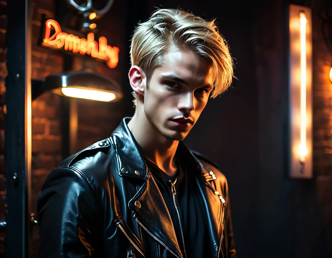 Hyper realistic, dark vibes, solo, young man, facing camera, 22 years, pale skin, model (skinny:1.2), short cropped textured blond hair, (black leather jacket:1.1), holding sharp knife, dark lighting, strip club, BDSM club background, foreboding, sexy, attractive, demon, incubus, evil, dark, sadistic, (smirk:1.1)