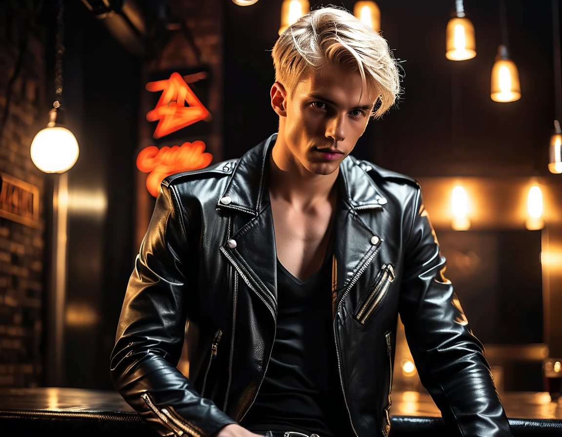 Hyper realistic, dark vibes, solo, young man, facing camera, 22 years, pale skin, model (skinny:1.2), short cropped textured blond hair, (black leather jacket:1.1), holding sharp knife, dark lighting, strip club, BDSM club background, foreboding, sexy, attractive, demon, incubus, evil, dark, sadistic, (smirk:1.1)