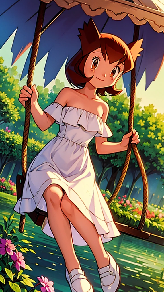 masterpiece, best quality, ultra-detailed, illustration, beautiful detailed eyes, very detailed illustration, cinematic lighting, 1 girl, solo, Pokemon Heroes (Bianca), Brown Hair, brown eyes, 1 girl, solo, bare shoulders, strapless, off shoulders, ruffle off the shoulder top, white maxi dress, intricate details, sharp focus, high resolution, evening light, purple sundown, garden and forest, seated on a blue swing, its metal chains swaying gently, cowboy shot, white shoes, swimming pool right under her, full body, light smile, As the swing moves, the character becomes part of this tranquil moment—a solitary figure in a world painted with soft hues. There are no distractions—just the rustling leaves, the gentle creak of the swing, and the promise of quiet reflection.