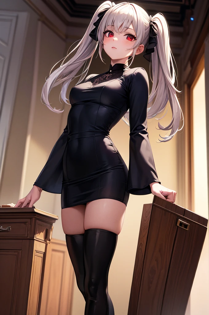 (Ultra extreme detailed),(Masterpiece),(Ultra extreme),(Realistic),CG,(color:1.2), Beautiful lighting,Light from the front,evaluation:Safety,alone, Aaron,Four corners,茶color_hair,Twin tails,length_hair,Red eyes,hair_ornament,absolute_ryouiki,thigh_boots,short_dress,wide_sleeve,Black trousers,