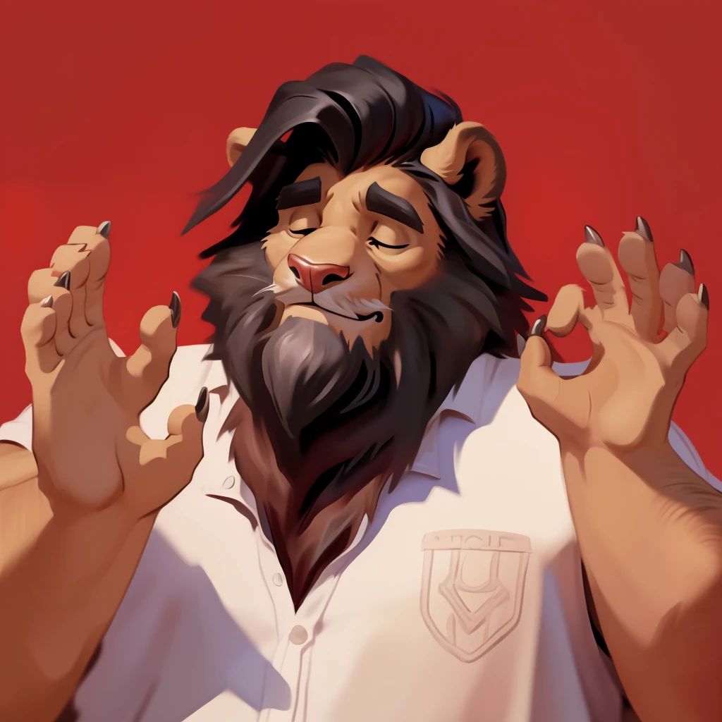 by chunie by catsudon by retros, male,((mature male)),((Bearded)), felid, solo, Lion, (black hair), facial hair, facing viewer, (((closed eyes))), retracted feline claws, (5 fingers), solid red background, white shirt, smile, (((ok gesture))), palm forward,