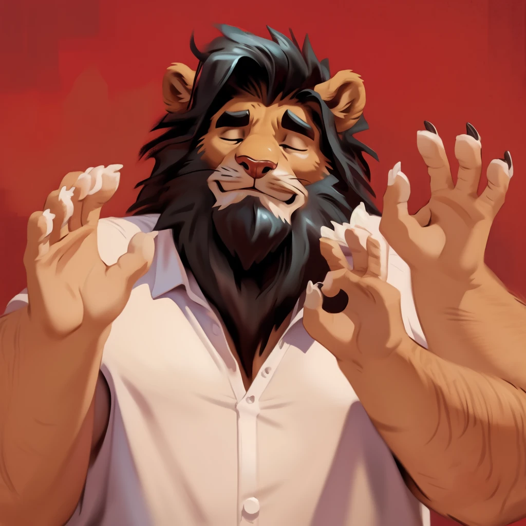 by chunie by catsudon by retros, male,((mature male)),((Bearded)), felid, solo, Lion, (black hair), facial hair, facing viewer, (((closed eyes))), retracted feline claws, (5 fingers), solid red background, white shirt, smile, (((ok gesture))), palm forward,