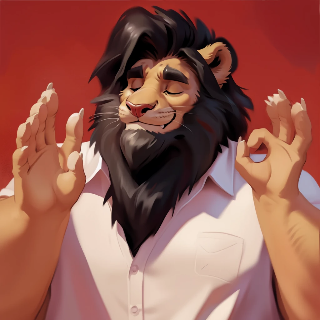 by chunie by catsudon by retros, male,((mature male)),((Bearded)), felid, solo, Lion, (black hair), facial hair, facing viewer, (((closed eyes))), retracted feline claws, (5 fingers), solid red background, white shirt, smile, (((ok gesture))), palm forward,