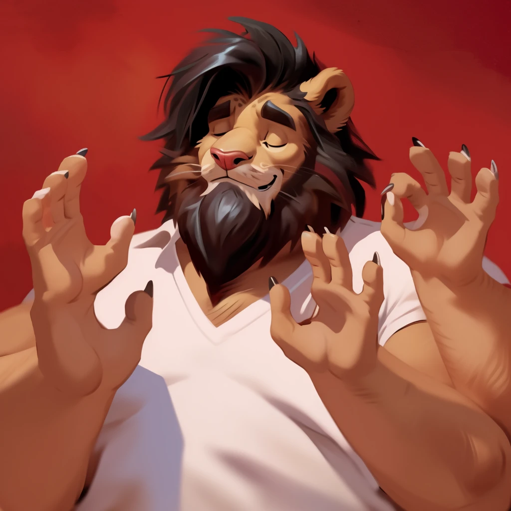 by chunie by catsudon by retros, male,((mature male)),((Bearded)), felid, solo, Lion, (black hair), facial hair, facing viewer, (((closed eyes))), retracted feline claws, (5 fingers), solid red background, white shirt, smile, (((ok gesture))), palm forward,