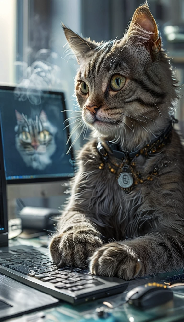Close-up photo (Gray computer craftsman tabby cat:1.2) (Using a computer on the table:1.2), (method:1.3), Glass Tech Desk, Ultra-realistic, Intricate details, (Foggy:1.1), View from below