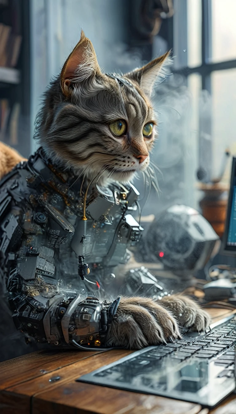 Close-up photo (Gray computer craftsman tabby cat:1.2) (Using a computer on the table:1.2), (method:1.3), Glass Tech Desk, Ultra-realistic, Intricate details, (Foggy:1.1), View from below