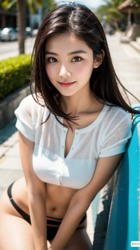 Highest quality, shape, Very detailed, finely, High resolution, 8k wallpaper, Perfect dynamic composition, Beautiful and detailed, Straight hair, Small breasts, Natural color lip, Random sexy poses,The best smile,30 year old adult beauty、Daytime、Beautiful and elaborate face、Perfect and beautiful face,Big eyes、RAW Photos、Expressing feminine poses with the whole body、Beautiful and detailed、Small face、Beautiful Duplex、Slim face and figure,Bright expression,Shooting with a focus on beautiful legs,White summer knitwear、Surf Casual、Summer clothes、Indonesia、bali、coastal、Beach