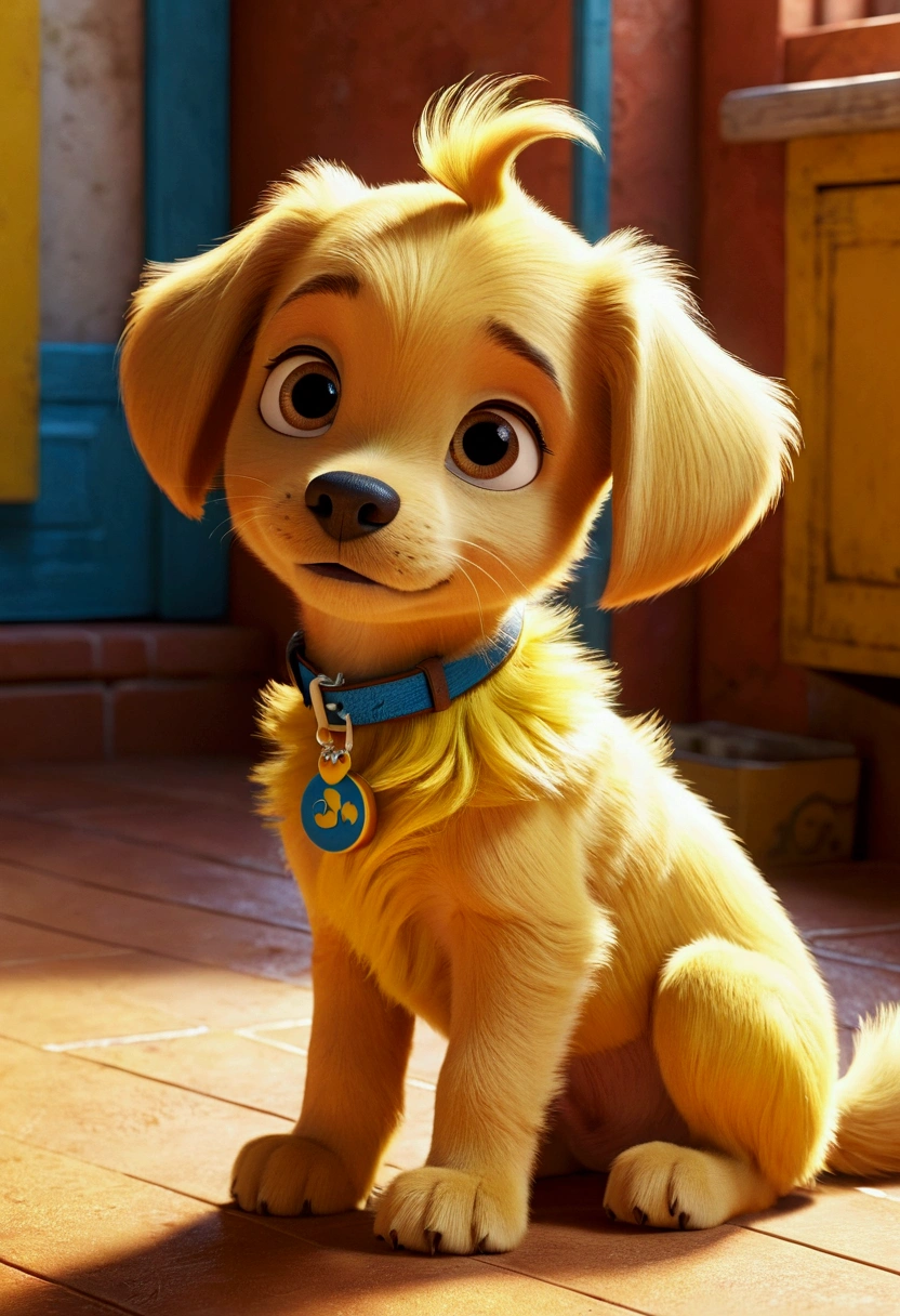 garoto glad cabelo castanho claro curto, skin fair, short sleeve orange shirt, olhando para o puppy all yellow, puppy all yellow, looking at the boy, dog with all yellow fur, glad, disney pixar style, 3d, animated cartoon, fluffly, shiny colors, details Intricate, from sideways, Profile, one looking at the other