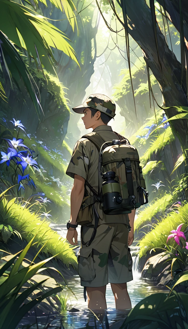 A man wearing safari camouflage、Close-up of man standing in deep mountain jungle with backpack and binoculars, Beautiful light and shadow explored deep in the forest, Strange flowers, exotic grass, Mountain streams,