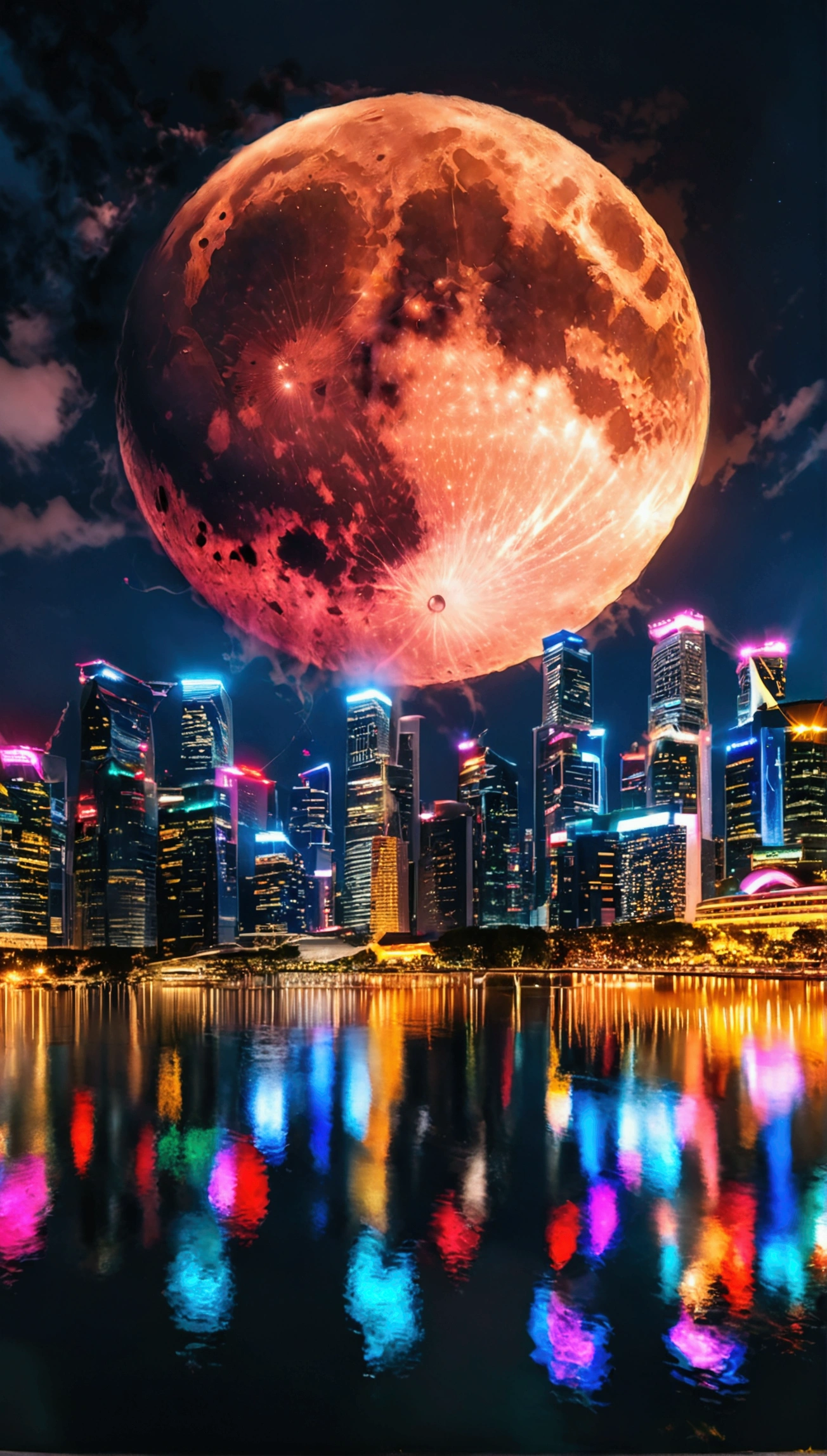 8k,RAW Photos,Highly detailed photos,Singapore night view,A giant moon falls on the city