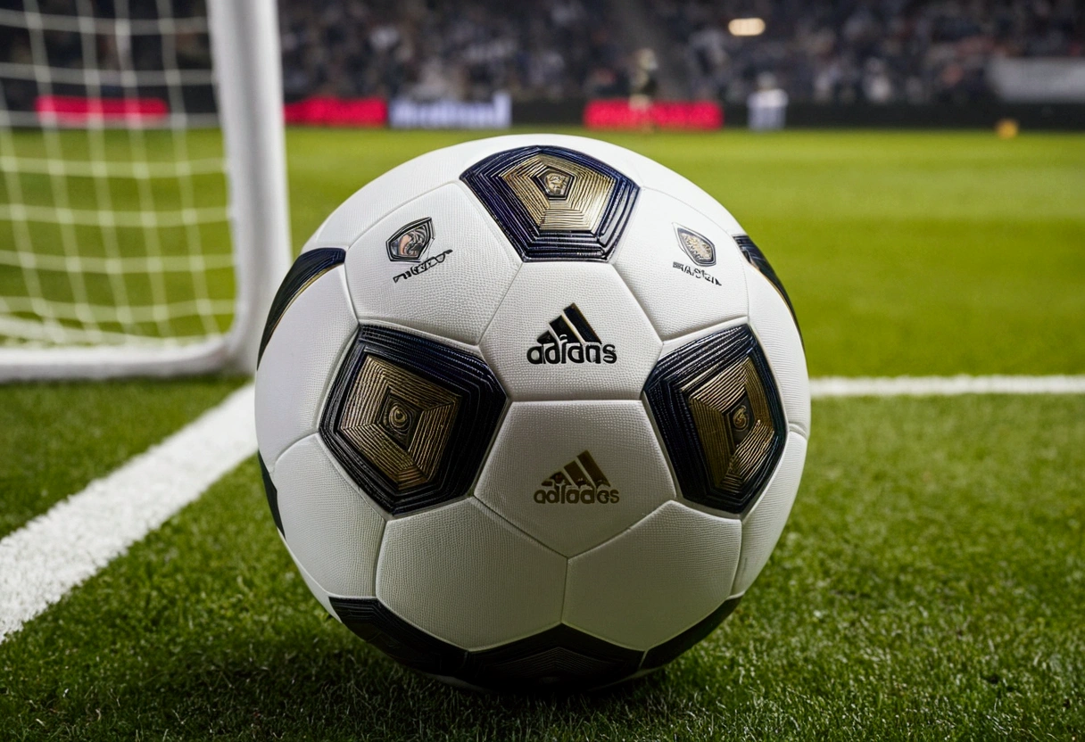 a picture of a soccer ball (the ball should look exactly like the 2024 soccer ball) in front of the net
