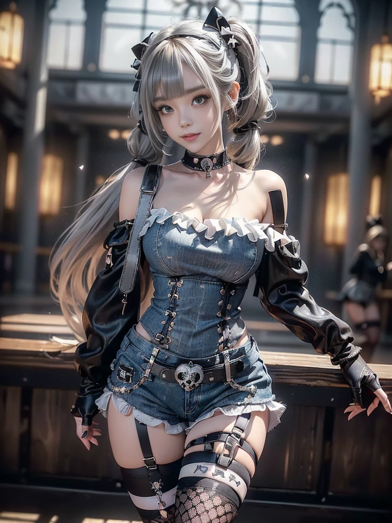(Full body image:1.3)、(Beautiful lips and nose:1.4)、(Side view:1.1)、(Smiling with teeth showing:1.3),(Fashion Model:1.5)、(Gothic Lolita battle uniform with delicate decoration:1.5)、(White off-shoulder hoodie:1.5)、(black, Silver and white shorts:1.4)、(denim garter belt:1.5)、(black and denim knee socks:1.3)、(Skull Silver Accessories:1.5)、(Lace Color:1.3)、(Brown Skin Belt:1.4)、(Brown boots:1.2)、(Polka dots on underwear:1.4)、23 years old、((Highest quality、In 8K、masterpiece:1.3))、Sharp focus:1.2、(Layered Cut、Huge boobs:1.1),Beautiful woman with perfect figure:1.4、(Dance vigorously:1.3)、Slim Abs:1.2、Highly detailed face and skin texture、Detailed eyes、double eyelid,(Twin tails:1.3)、(Brownish golden hair:1.3)、Idol Sculpture、(The background is a gorgeous dance hall.:1.3)、(The body is slim:1.2),(Slimming your legs:1.4),(clavicle:1.1)