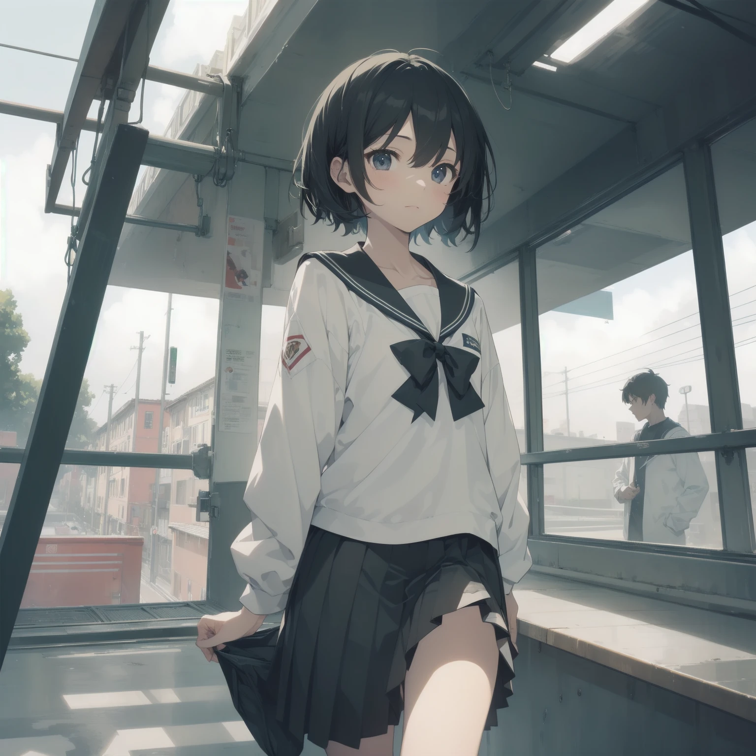 ultra-absurdres-Top quality by artist God, ultra-detailed, high resolution, anime moe artstyle, best anime 8k konachan wallpaper, pixiv contest winner, pool:2810, perfect anatomy,break, 1girl, (Please draw a girl walking sleepily to school alone. )break,(Solo,little female, 13-year-old:1.3),Full limbs, complete fingers,a junior high school student, (very short hair), short cut, flat chest, , small butt, small black eyes, beautiful detailed eyes, well-proportioned iris and pupils, expressive eyes, highres detailed hair, soft expression, salor school_uniform, sailor collar, serahuku, bow, pleated skirt,(Detailed Lighting), (Detailed background), in the School commute route. break,super detailed skin, Best cinematic lighting powered by famous artist, 8k,beauty illustration,photoshop_(medium),very aesthetic,break,((artist:kotorai )), artist:clamp ,artist:carnelian ,artist:kantoku ,
