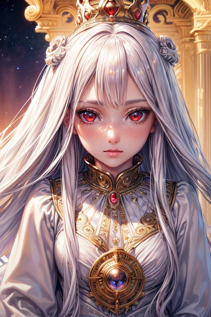 (highres, realistic, beautiful detailed eyes, beautiful detailed lips, detailed face),(naive girl, innocent girl),(queen, woman, royalty),(red eyes, long white hair),(silver crown), (glorious, majestic, regal), (golden, sparkling), (bright, warm lighting), (gorgeous white gown),(elaborate decorations),(full body),(hypnotized eyes, blank eyes, spiral eyes)