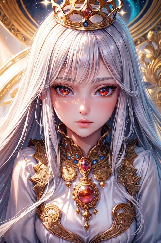 (highres, realistic, beautiful detailed eyes, beautiful detailed lips, detailed face),(naive girl, innocent girl),(queen, woman, royalty),(red eyes, long white hair),(silver crown), (glorious, majestic, regal), (golden, sparkling), (bright, warm lighting), (gorgeous white gown),(elaborate decorations),(full body),(hypnotized eyes, blank eyes, spiral eyes)