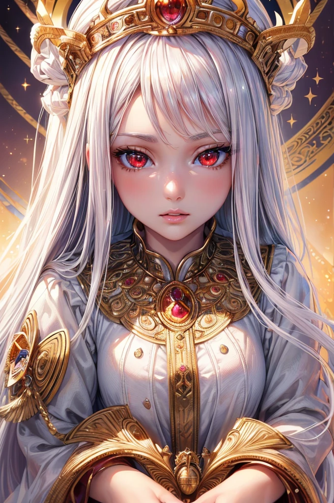 (highres, realistic, beautiful detailed eyes, beautiful detailed lips, detailed face),(naive girl, innocent girl),(queen, woman, royalty),(red eyes, long white hair),(silver crown), (glorious, majestic, regal), (golden, sparkling), (bright, warm lighting), (gorgeous white gown),(elaborate decorations),(full body),(hypnotized eyes, blank eyes, spiral eyes)