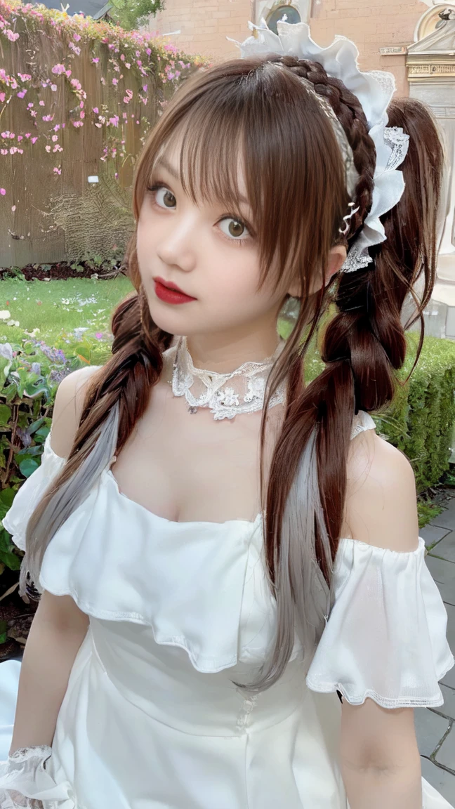 ((18 year old Japanese girl, 1 person)), (((Gothic Lolita Fashion:1.3)),(((Lace off-the-shoulder dress))),(((Outfit with intricate lace detailing))),(Accentuate larger breasts:1.3),(European castle background:1.3),(Flowerbed with colorful flowers blooming in the garden),(Squat:1.3),(The contrast of light and shadow、The subject appears three-dimensional),Cute and beautiful girl,Cute round face,Cute Smile,blush,Red lips,(Silvery white hair,Floral knit headband,Half Up、Floral braided space buns,Voluminous fishtail braid,Twisted pan,),(The bangs are see-through),hairpin,hair ornaments,Detailed clothing features,Detailed hair features,Detailed facial features,(Dynamic Angle),BREAK ceremony,((Random sexy poses、put in、Deep joy, Ecstatic Eyes:1.2)), ((I gasp hard:1.2))、Ecstatic face、Climax expression, Through clenched teeth、My whole body is convulsing、Official Art，Highly detailed CG Unity 8k wallpaper, (masterpiece:1.0),(Highest quality:1.0), photo shoot, 8k, Browsing Caution, High resolution, Kodak Portrait 400, Film Grain, Lens flare brilliance,Very low camera angle, View your viewers, (Nude Model:1.3)