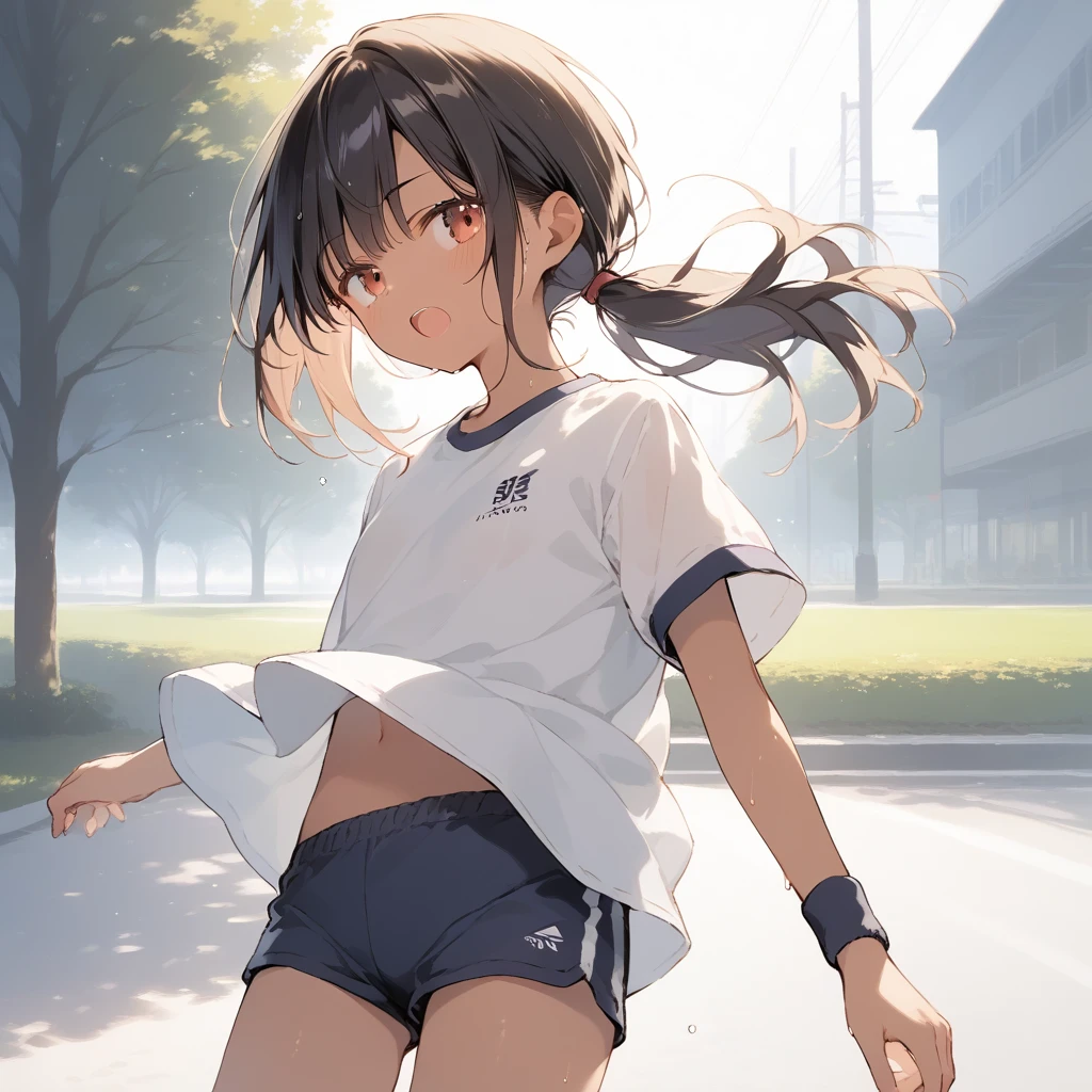 score_9, score_8_up, score_7_up, source_anime, best quality, masterpiece, official art, absurdres, highres, ultra-detailed,waifu2x,Collection: Slice of Life,break,1girl, tomboy, dark-skinned female, short hair, low ponytail, flat chest, beautiful detailed eyes, gym uniform, gym shorts, sweat, open mouth, (yawn:0.3), sleepily, outdoors, park, wind,break,(clear line illustration:1.2), super detailed skin,very high resolution, very aesthetic, Best sexual lighting powered by famous artist, 8k,cute picture,beauty illustration,photoshop_(medium),,(Detailed Lighting),best anime 8k konachan wallpaper, pixiv contest winner,