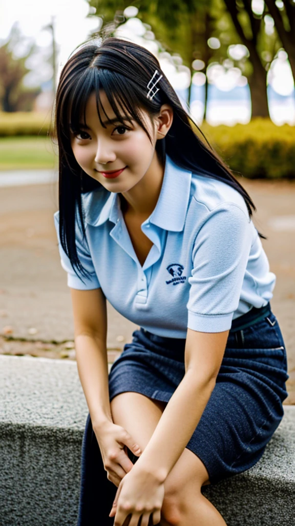 ((best quality)), ((masterpiece)), (details), one girl, sexy ((best quality)), ((masterpiece)), (details), one girl, sexy ((best quality)), ((masterpiece)), (details), one girl, full body, sexy expensive body, expensive, long legs, mature woman, mature, adult, it_nagatoro_main, Hayase Nagatoro, one girl, blushing, alone, uniform polo shirt, short sleeves, black hair,brown eyes, hair accessory, looking at viewer, hair clip, smiling, long hair, dark skinned woman, dark skin, , bangs, daytime, skirt, collared shirt, collarbone, ear clip, mouth closed, tree, asymmetrical bangs, upper body
