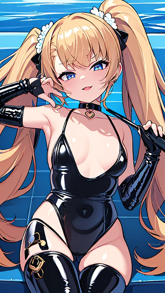 ((highest quality)), (masterpiece)), (detailed: 1.4), Unorganized resolution、High resolution、(masterpiece:1.4)、Super detailed、one beautiful girl、highest quality、master piece、Very detailed、(1 girl):1.4、(black latex swimsuit)、(Golden hair):1.3、twin tails、Short twin tails、choker、(dark blue eyes):1.1,(shiny latex)、indoor pool background