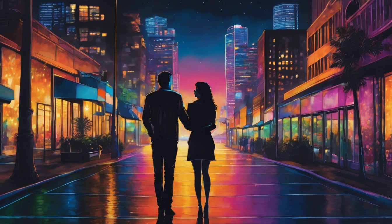 a man and a woman standing facing away, love, affair, cityskape at night, view on LA at night, ultra detailed, ultra realistic,color harmony