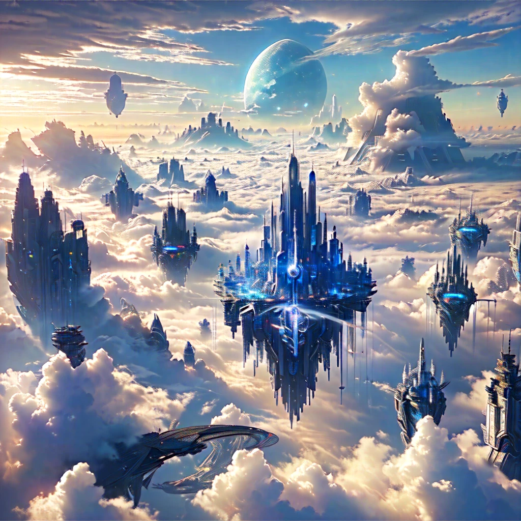 there is a picture of a futuristic City in the clouds, City above the clouds, Cities in the sky, Fantasy sci-fi city, City in the clouds, Land in the clouds, a City in the clouds, Fantasy Cityscape, futuristic utopian city, Future Utopian Fantasy, Sci-Fi Fantasy Wallpapers, Ancient sci-fi city, Alien City
