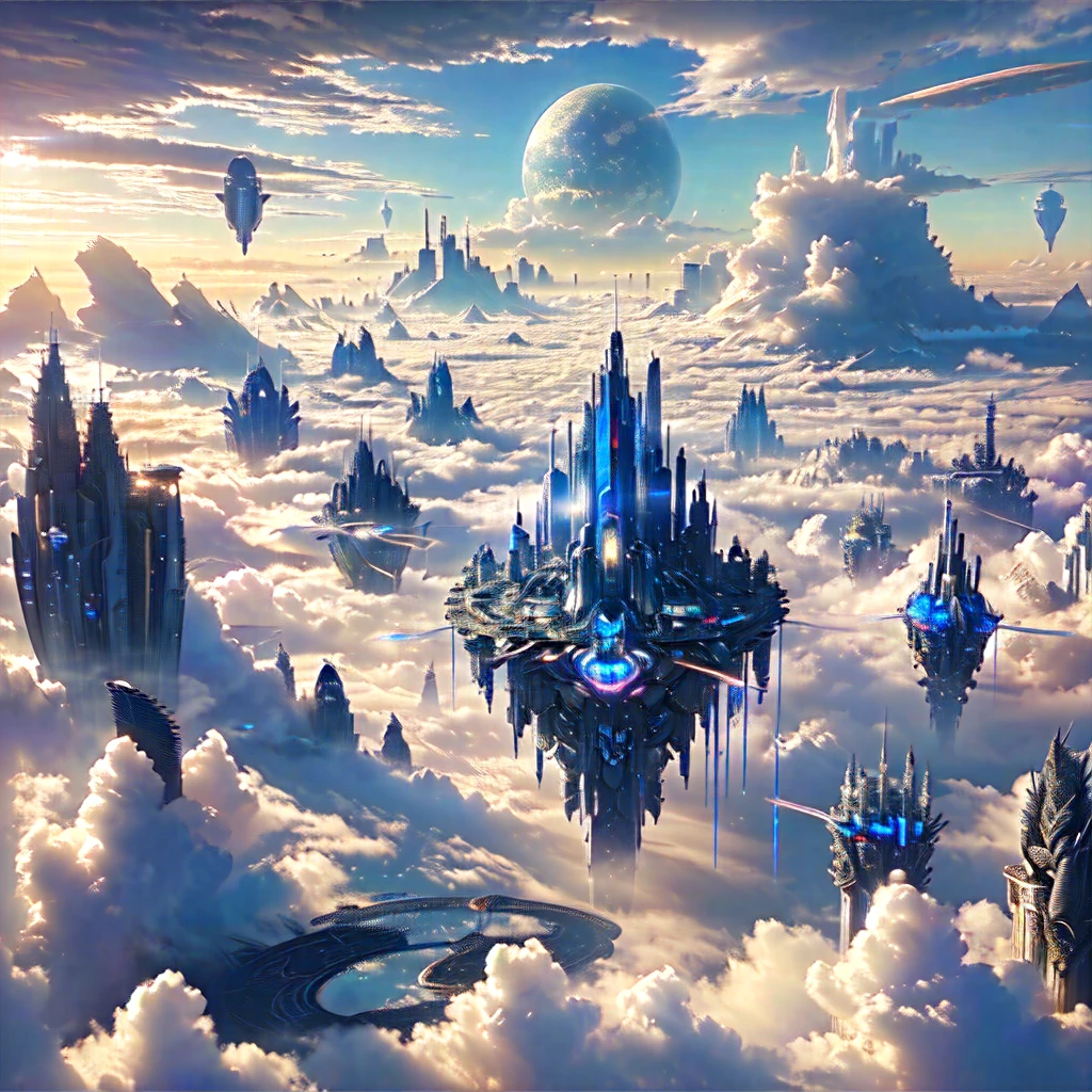 there is a picture of a futuristic City in the clouds, City above the clouds, Cities in the sky, Fantasy sci-fi city, City in the clouds, Land in the clouds, a City in the clouds, Fantasy Cityscape, futuristic utopian city, Future Utopian Fantasy, Sci-Fi Fantasy Wallpapers, Ancient sci-fi city, Alien City