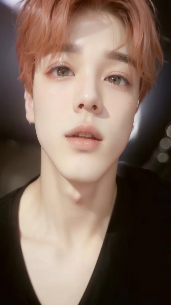 a close-up of a person with a black shirt and red hair, Jimin\fleshy lips, accurate Jimin face, Jimin\the right eyelid is swollen, Jimin\the Greek nose, park Jimin, Jimin, adorable and pale korean face, your eyes seem wise, Yoongi with black hair, Jungkook, drainage gang bladee, jung jaehyun
