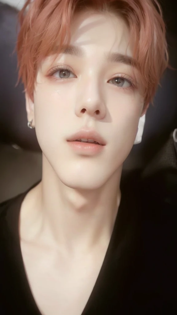 a close-up of a person with a black shirt and red hair, Jimin\fleshy lips, accurate Jimin face, Jimin\the right eyelid is swollen, Jimin\the Greek nose, park Jimin, Jimin, adorable and pale korean face, your eyes seem wise, Yoongi with black hair, Jungkook, drainage gang bladee, jung jaehyun
