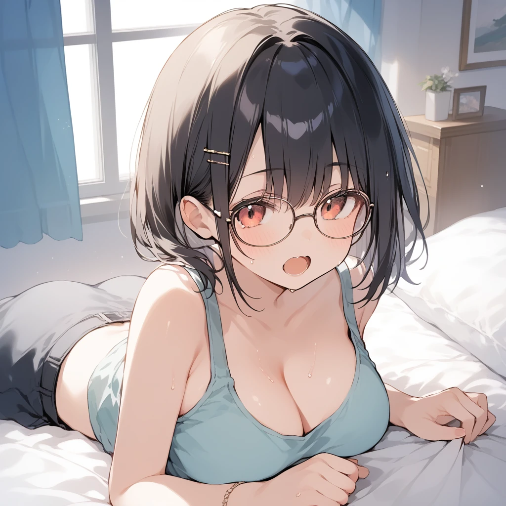 score_9, score_8_up, score_7_up, source_anime, best quality, masterpiece, official art, absurdres, highres, ultra-detailed,waifu2x,Collection: Slice of Life,break,1girl, short hair, tank top, glasses, cleavage, large breasts, beautiful detailed eyes, sweat, open mouth, yawn, sleepily, indoors, bed, break,(clear line illustration:1.2), super detailed skin,very high resolution, very aesthetic, Best sexual lighting powered by famous artist, 8k,cute picture,beauty illustration,photoshop_(medium),,(Detailed Lighting),best anime 8k konachan wallpaper, pixiv contest winner,