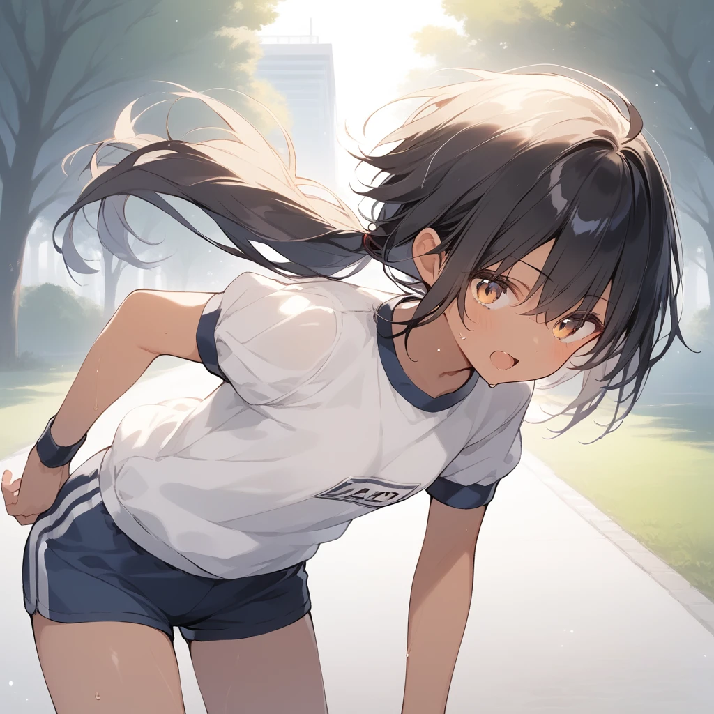 score_9, score_8_up, score_7_up, source_anime, best quality, masterpiece, official art, absurdres, highres, ultra-detailed,waifu2x,Collection: Slice of Life,break,1girl, tomboy, dark-skinned female, short hair, low ponytail, flat chest, beautiful detailed eyes, gym uniform, gym shorts, sweat, open mouth, (yawn:0.3), sleepily, outdoors, park, wind,break,(clear line illustration:1.2), super detailed skin,very high resolution, very aesthetic, Best sexual lighting powered by famous artist, 8k,cute picture,beauty illustration,photoshop_(medium),,(Detailed Lighting),best anime 8k konachan wallpaper, pixiv contest winner, 