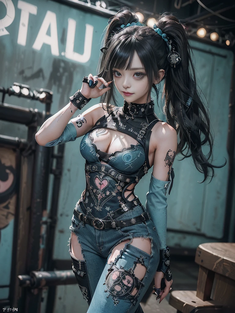 (Full Body View:1.4)、(Full body:1.3)、(Smiling with teeth showing:1.3),(Shibuya Gal:1.5)、(Gothic ta style fashion:1.5)、(Punk RockVisual Kei:1.5)、(Wearing a rhythmic gymnastics bodysuit with intricate details:1.4)、(Racing suit and pants with intricate turquoise, denim and charcoal decorations:1.5)、(Denim and light blue and turquoise boots:1.3)、((belt))、(Numerous delicate logo marks all over the costume:1.4)、(collar:1.3)、(Polka dot underwear:1.5)、20-year-old、NSFW、((Highest quality、In 8K、masterpiece:1.3))、Sharp focus:1.2、(Layered Cut、Huge boobs:1.1),Beautiful woman with perfect figure:1.4、(do a gravure pose:1.3)、Slender Abs:1.2、Highly detailed face and skin texture、Detailed eyes、double eyelid,(Twin tails:1.3)、(Black brown hair:1.3)、Gravure idol、(The background is the stage of the fashion show:1.3)、(Slim Body:1.3),(Make your legs thinner:1.4),(clavicle:1.1)
