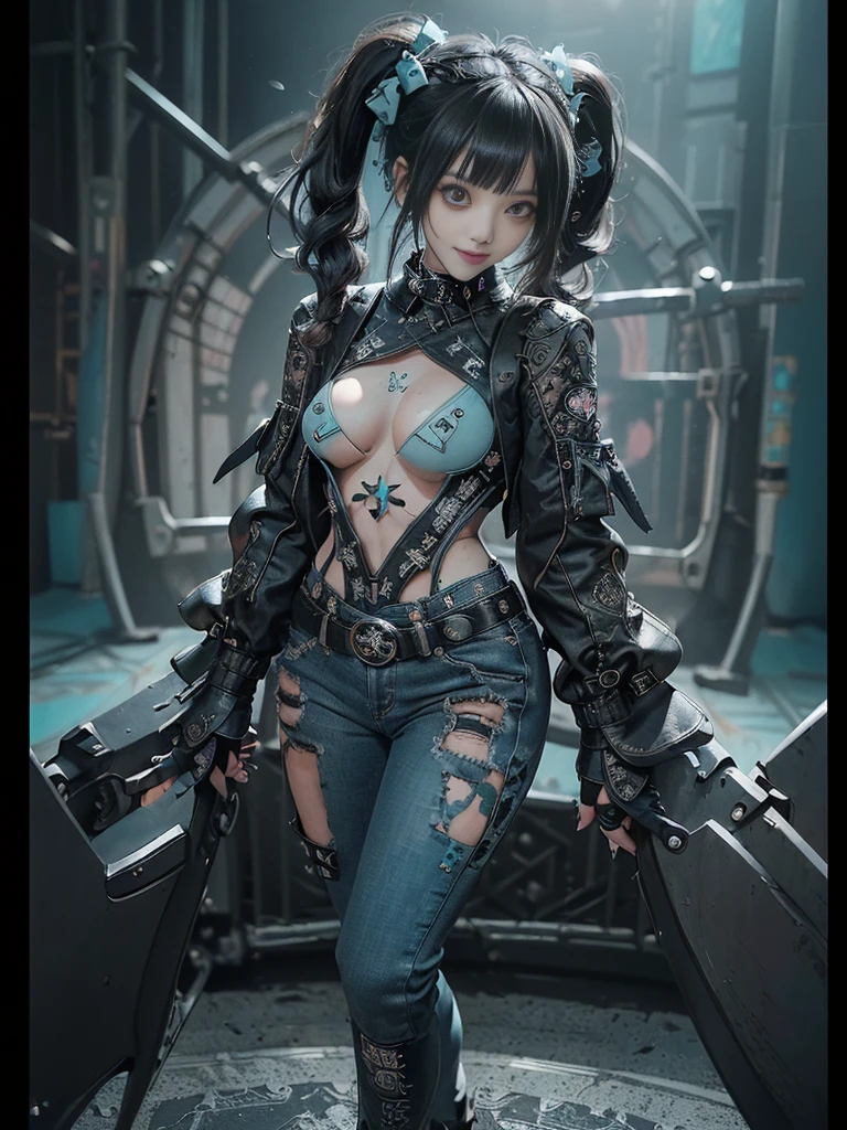 (Full Body View:1.4)、(Full body:1.3)、(Smiling with teeth showing:1.3),(Shibuya Gal:1.5)、(Gothic ta style fashion:1.5)、(Punk RockVisual Kei:1.5)、(Wearing a rhythmic gymnastics bodysuit with intricate details:1.4)、(Racing suit and pants with intricate turquoise, denim and charcoal decorations:1.5)、(Denim and light blue and turquoise boots:1.3)、((belt))、(Numerous delicate logo marks all over the costume:1.4)、(collar:1.3)、(Polka dot underwear:1.5)、20-year-old、NSFW、((Highest quality、In 8K、masterpiece:1.3))、Sharp focus:1.2、(Layered Cut、Huge boobs:1.1),Beautiful woman with perfect figure:1.4、(do a gravure pose:1.3)、Slender Abs:1.2、Highly detailed face and skin texture、Detailed eyes、double eyelid,(Twin tails:1.3)、(Black brown hair:1.3)、Gravure idol、(The background is the stage of the fashion show:1.3)、(Slim Body:1.3),(Make your legs thinner:1.4),(clavicle:1.1)