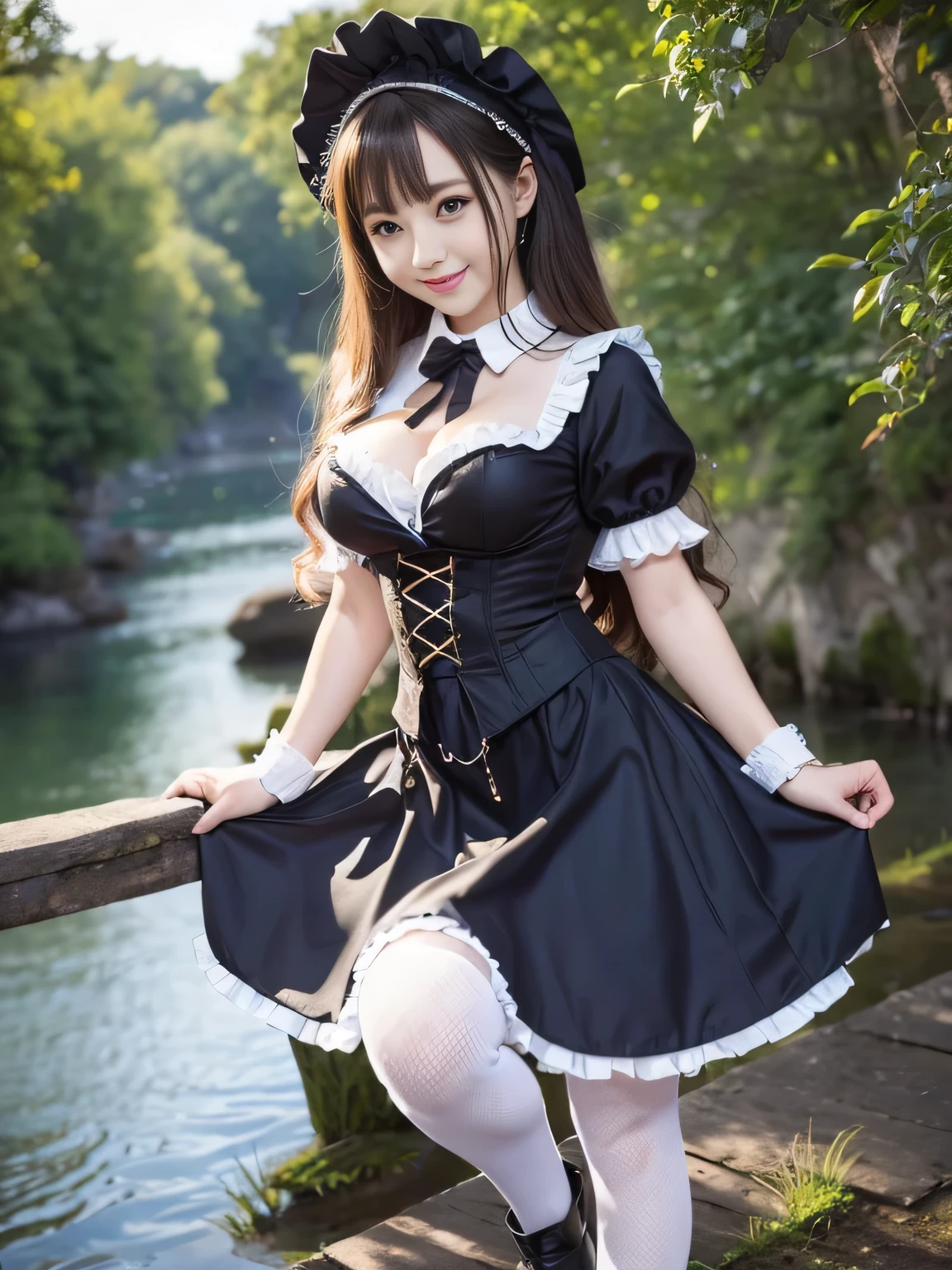 (Full body portrait:1.5)、、Slim and flat chested、smile、Smiling with teeth showing、Large Breasts、Highest quality,masterpiece,Ultra-high resolution,(Actual:1.4),Original photo,Ultra-high resolution,8k,There are also women,Gothic Lolita Unifoaid Costume Cosplay、River Scenery、With confidence, Beautiful and generous,Please lift your skirt and show me your underwear.....、