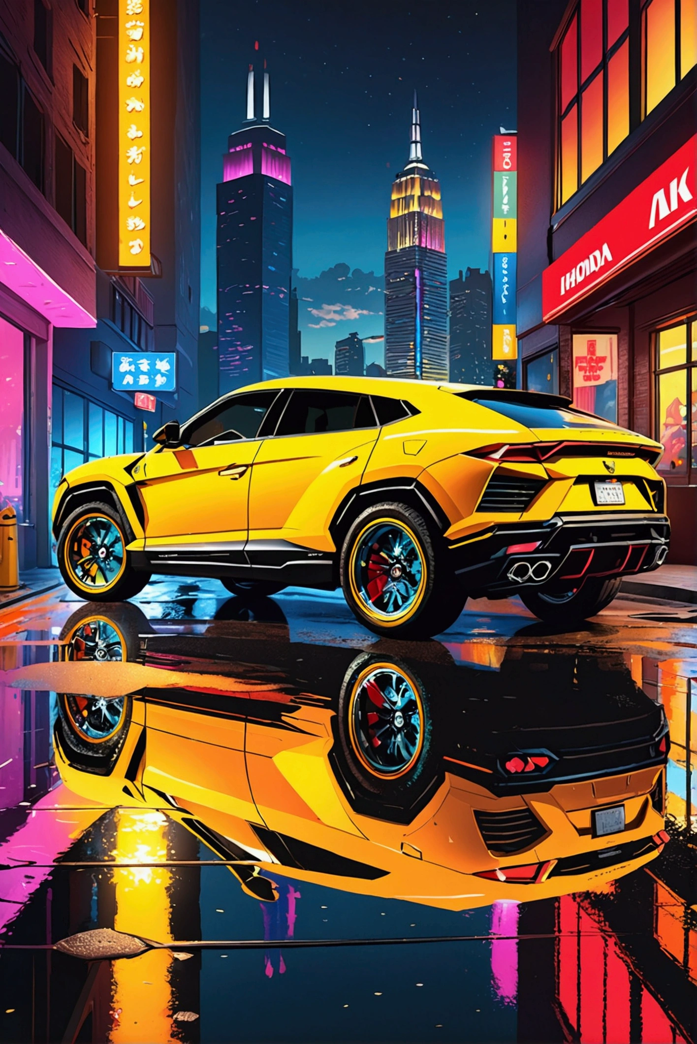 a yellow lamborghini urus speeding down a city street, a 2020 honda cbr motorcycle parked next to it, vivid and colorful cityscape background with twinkling city lights, (best quality,4k,8k,highres,masterpiece:1.2),ultra-detailed,(realistic,photorealistic,photo-realistic:1.37),HDR,UHD,studio lighting,ultra-fine painting,sharp focus,physically-based rendering,extreme detail description,professional,vivid colors,bokeh,concept art,dramatic lighting,neon lights,reflections