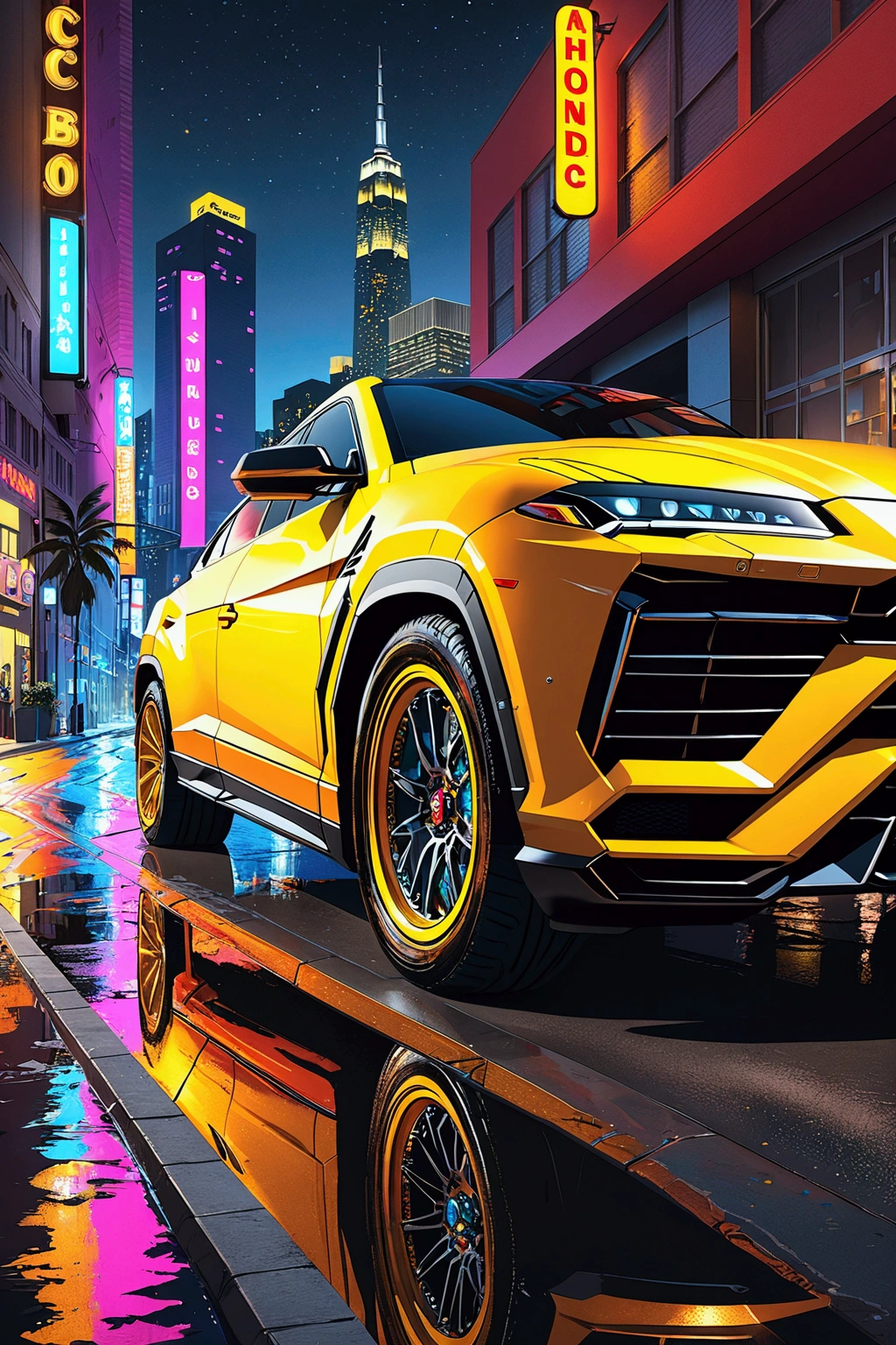 a yellow lamborghini urus speeding down a city street, a 2020 honda cbr motorcycle parked next to it, vivid and colorful cityscape background with twinkling city lights, (best quality,4k,8k,highres,masterpiece:1.2),ultra-detailed,(realistic,photorealistic,photo-realistic:1.37),HDR,UHD,studio lighting,ultra-fine painting,sharp focus,physically-based rendering,extreme detail description,professional,vivid colors,bokeh,concept art,dramatic lighting,neon lights,reflections
