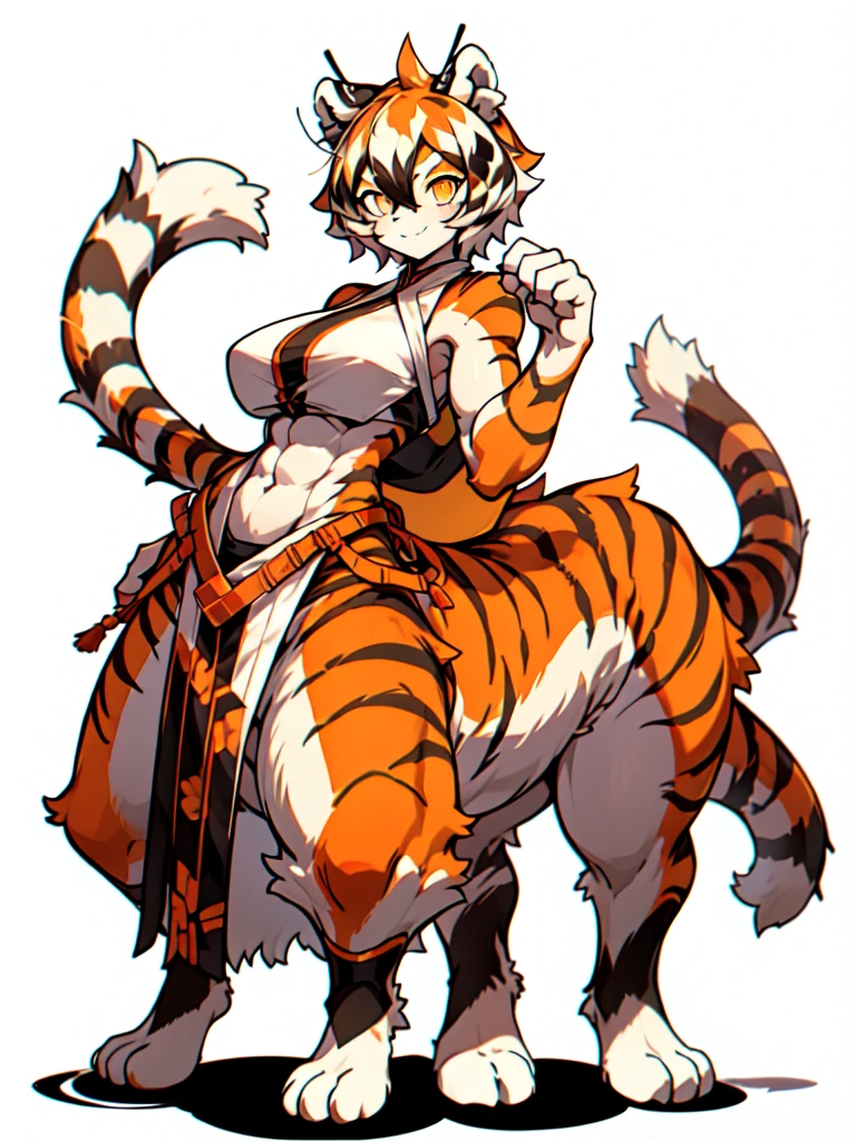 front and back,white background, full body, Standing:1.5, japan cloth,animal ears, white hair, black hair, short hair, large breasts, tiger skin，Abdominal muscles, tail, orange eyes, orange hair, multicolored hair, tiger girl, hair between eyes, tiger_ears, tiger_tail, orange-tinted_eyewear, tinted_eyewear, big breasts, evil smile, Shadows under feet, sey ass,