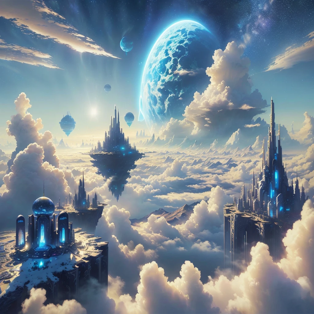There is a picture of a future city in the sky, City above the clouds, Cities in the sky, Land in the clouds, Sci-Fi Fantasy Wallpapers, Sci-Fi Fantasy Desktop Wallpaper, Epic dreamy fantasy landscape, Epic fantasy sci-fi illustration, Fantasy sci-fi city, Heavenly planets in the background, High Fantasy Landscape, Impressive and fantastic landscape
