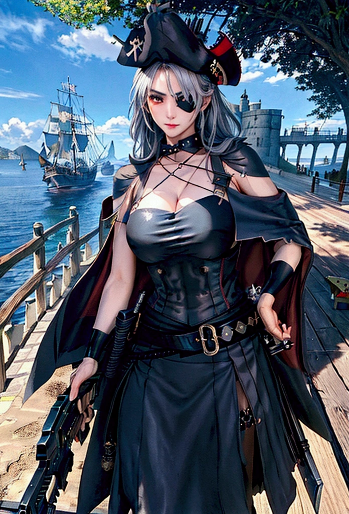 high quality、high resolution、Fine details、pirate、Eye patch、He has a gun,Cape、Medieval maritime landscape