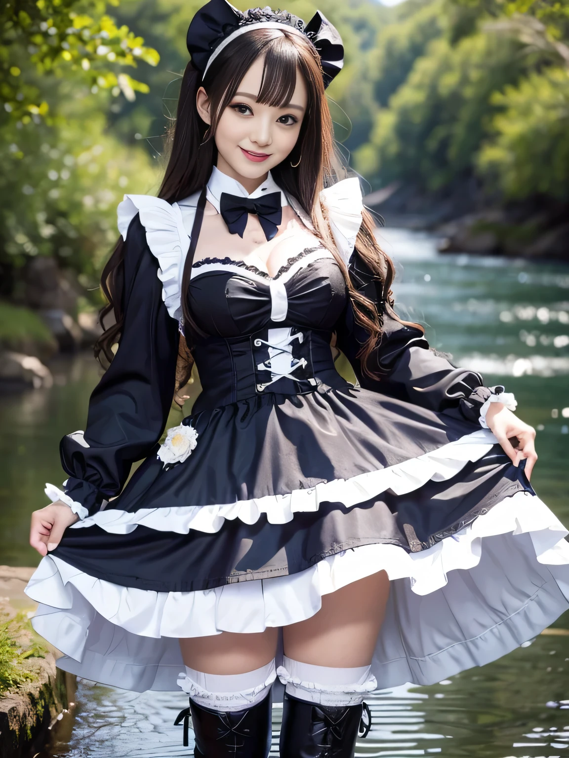 (Full body portrait:1.5)、、Slim and flat chested、smile、Smiling with teeth showing、Large Breasts、Highest quality,masterpiece,Ultra-high resolution,(Actual:1.4),Original photo,Ultra-high resolution，8k，There are also women，Gothic Lolita Uniform、Maid Costume Cosplay、River Scenery、With confidence, Beautiful and generous，Please lift your skirt and show me your underwear.....、

