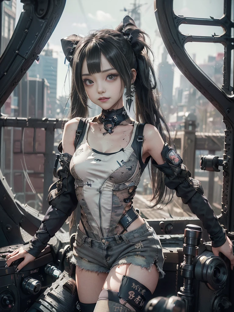 (Full Body View:1.3)、(squat:1.1)、(Please smile with your teeth showing:1.4),(Shibuya Gal:1.5)、(Gothic Lolita style fashion:1.5)、(Tattered khaki and gray futuristic micro high leg bodysuit:1.5)、(Tattered Khakis and White Micro Fancy Sleeves:1.5)、(Tattered khaki micro shorts:1.5)、(Brown and khaki knee socks:1.3)、(camouflage:1.3)、(Military jacket:1.4)、Brown boots、Khaki gloves、internal、(The underwear is striped:1.4)、23 years old、(Doing a ballerina pose:1.3)、((Highest quality、8k、masterpiece:1.3))、One girl、The beauty of slim abs:1.3、(Hairstyle Casual、Big Tits:1.1)、dress:1.1、Super small face、Narrow eyes、double eyelid、Laughter、Esbian all over body、Dynamic Angle、Close-up、CPL Filter、Blurred Background、Bokeh、Blue Hour、Detailed face and skin texture、Detailed Eyes,(Twin tails:1.3)、(Black brown hair:1.4)、Gravure idol pose、(The background is the cockpit of a futuristic weapon.:1.3)、(The body is slim:1.2),(Slim legs:1.4),(clavicle:1.1)